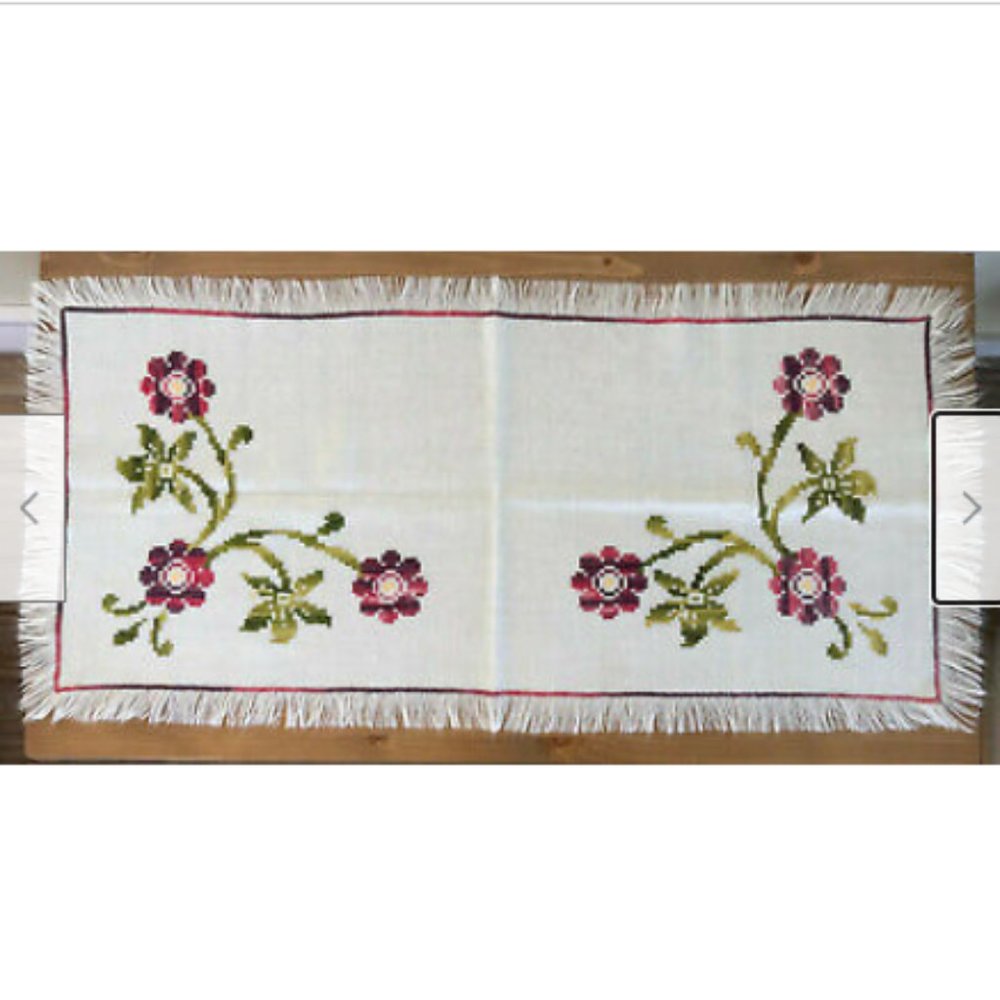 Vtg Hand Embroidered Akle Norweave Scandinavian Flower Table Runner Linen 14x32